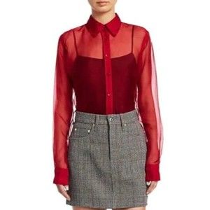 HELMUT LANG Women's Sheer Button Front Shirt XS Red 100% Silk NEW